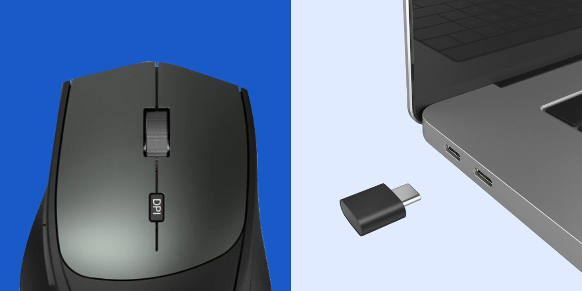 ddd
regulacja czułości kursora od 1000 do 2400 DPI, mysz na niebieskim tle, odbiornik USB-C, laptop
