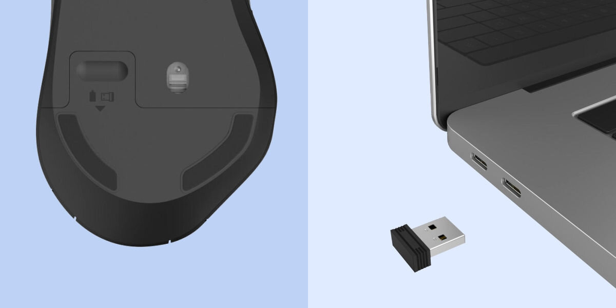 ddd
przechowywanie odbiorników, możliwość przechowywania nano odbiorników USB bezpośrednio
w obudowie myszki, niebieskie tło, mysz od spodu, odbiornik USB-A, laptop