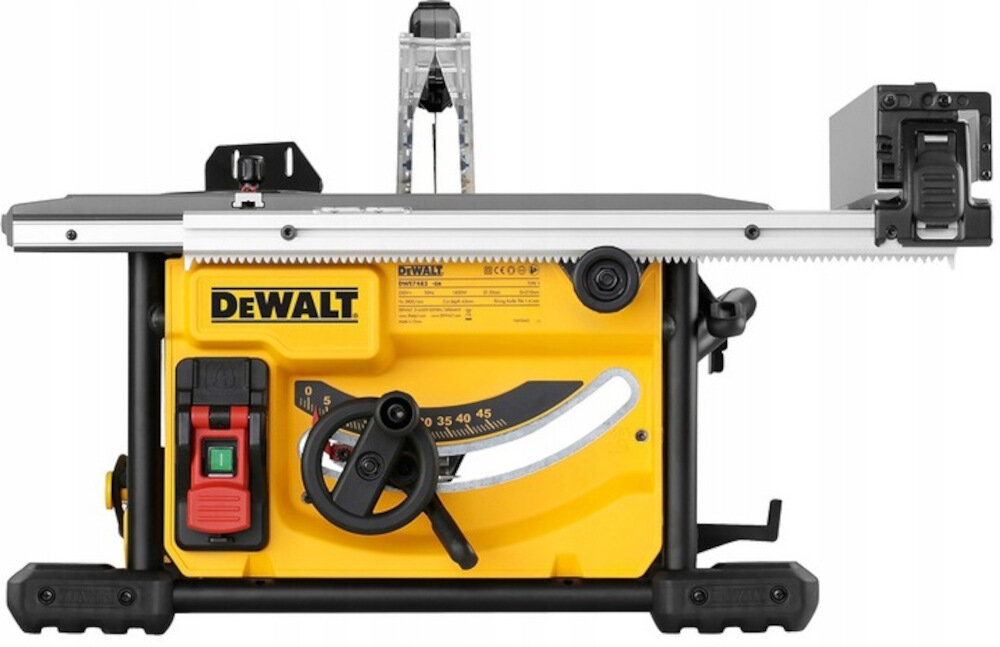 Pilarka stolowa DEWALT DWE7485RS dokladnosc precyzja blokada stalowa obudowa ramowa zabezpieczenie przed skutmai uderzec i upadkow zebatkowy mechanizm latwe uzytkowanie