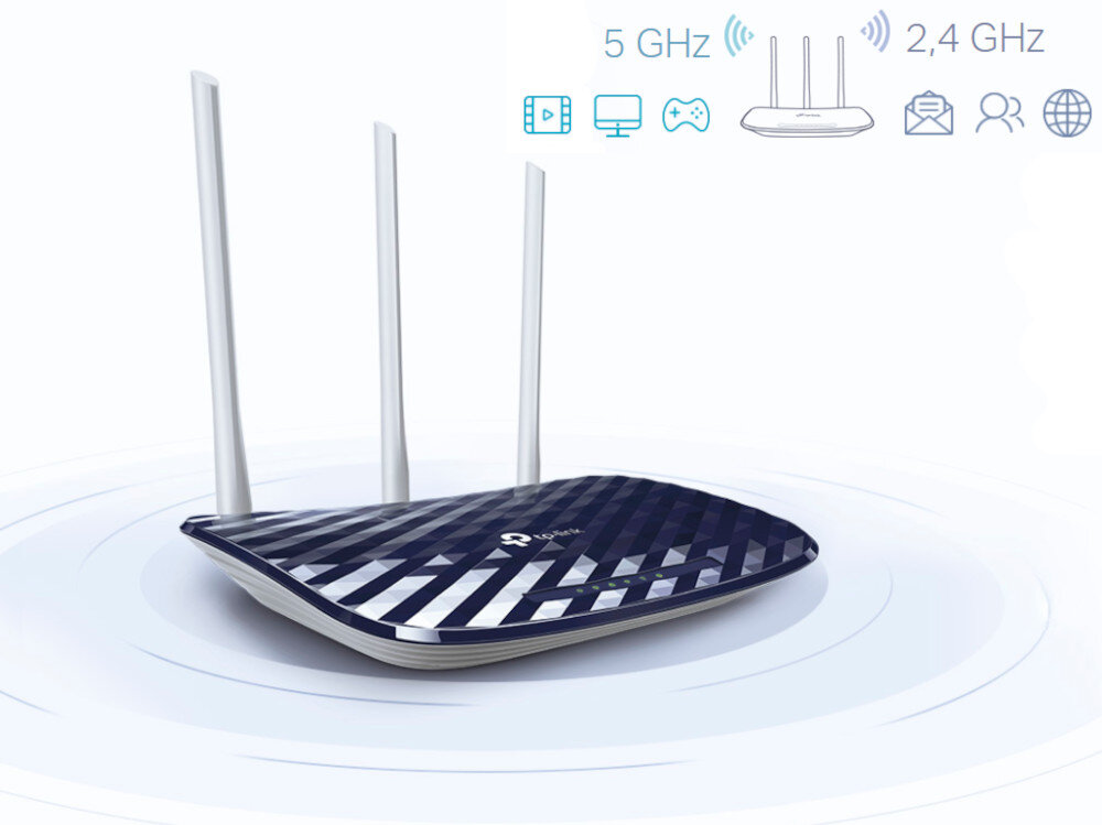 Router TP-LINK Archer C20 prędkość 433 Mb/s w paśmie 5 GHz prędkość 300 Mb/s w paśmie 2,4 GHz streamowanie wideo HD granie online