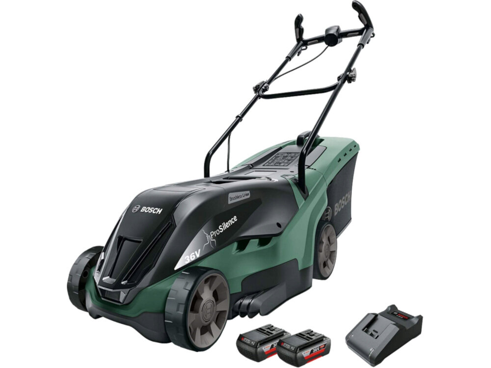 Kosiarka akumulatorowa BOSCH Universal Rotak 36-560 LI 06008B9507 w zestawie dwa akumulatory 36V/2Ah ładowarka AL 36V-20 pojemnik na trawę instrukcja obsługi w języku polskim karta gwarancyjna