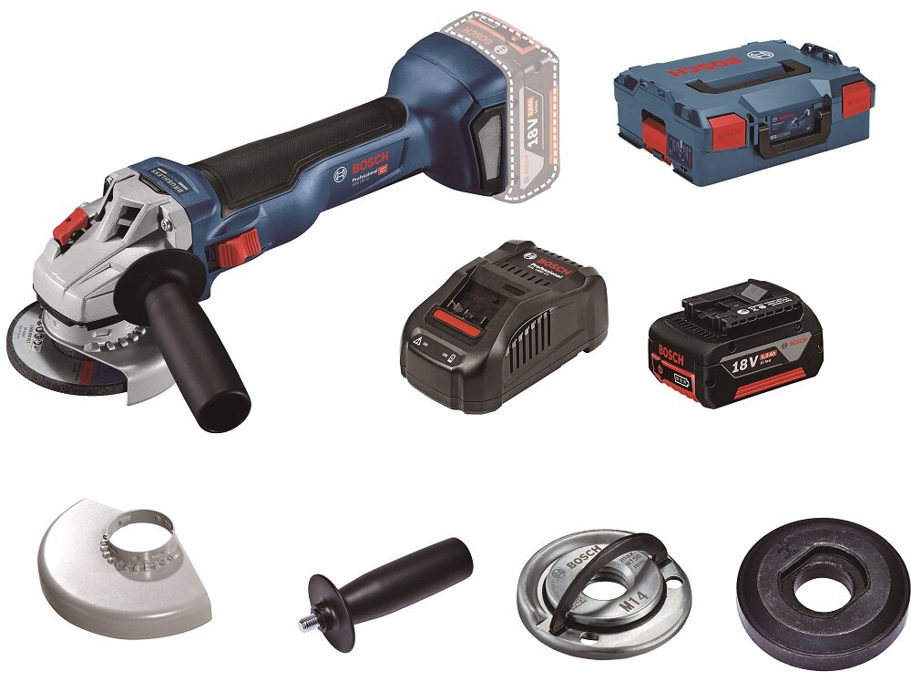 Szlifierka kątowa BOSCH Professional GWS 18V-10 06019J4004 zestaw dwa akumulatory ladowarka kolnierz mocujacy nakretka mocujaca walizka narzedziowa wypelnienie oslona istrukcja obslugi w jezyku polskim karta gwarancyjna