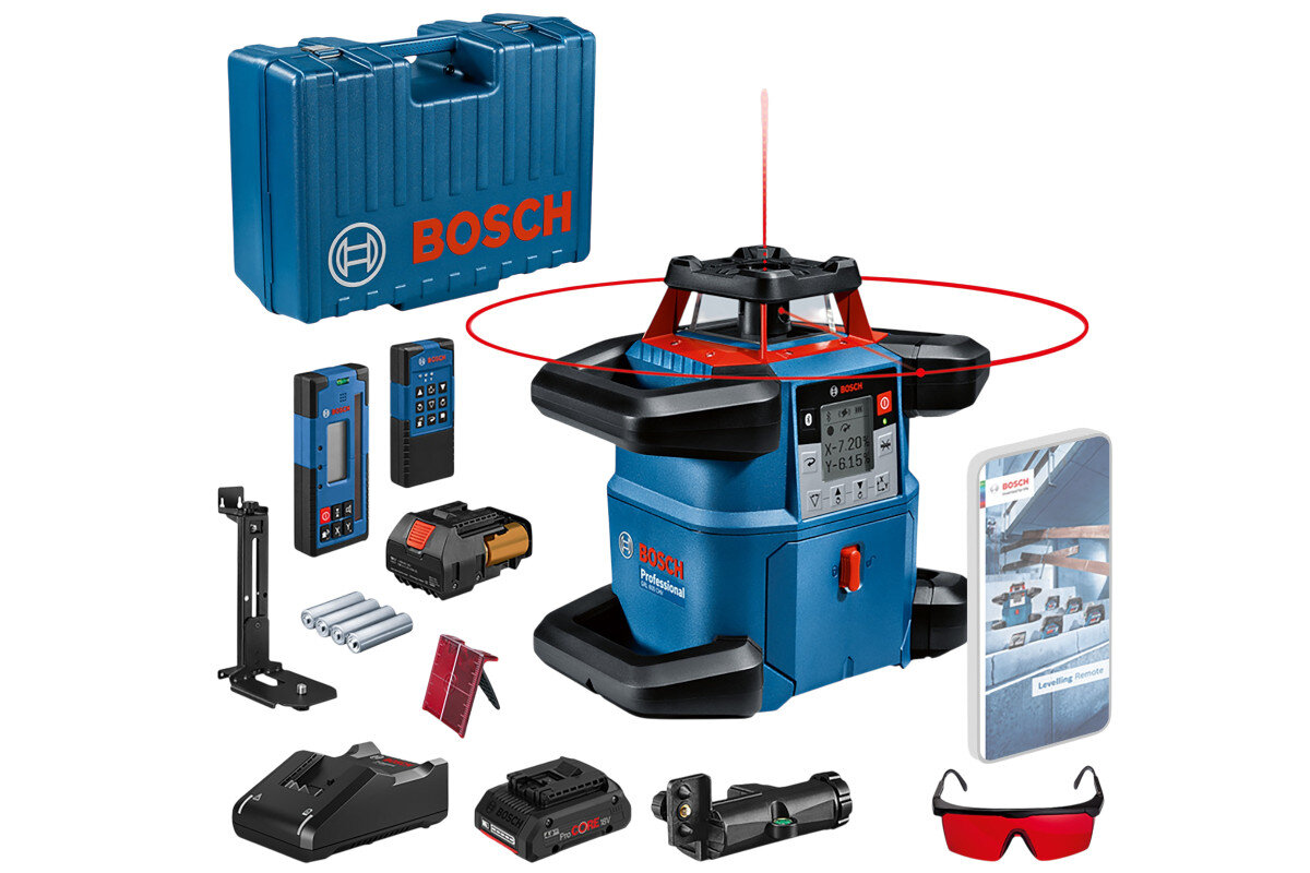 Na obrazie znajduje się zestaw narzędziowy z laserem obrotowym BOSCH Professional, w tym walizka, ładowarka, akumulatory, okulary ochronne i inne akcesoria. Widoczne jest logo BOSCH na walizce oraz na urządzeniu laserowym.