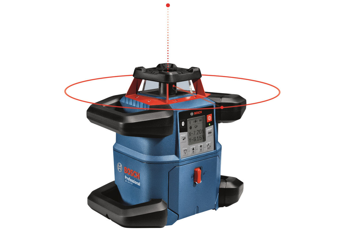 Na obrazie widoczny jest niebieski laser obrotowy z czerwonymi elementami, z wyświetlaczem pokazującym wartości X: 20 i Y: -6.15. Na urządzeniu znajduje się logo BOSCH Professional.
