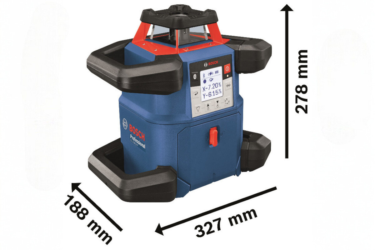 Obraz przedstawia niebieski laser obrotowy z czarnymi uchwytami i czerwonymi elementami, z widocznym logo \'BOSCH Professional\'. Na ekranie urządzenia widoczny jest tekst: \'X-7.20% Y-6.15%\', a wymiary urządzenia to 188 mm x 327 mm x 278 mm.
