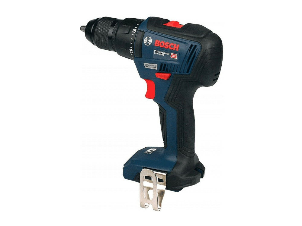 Profesjonalna wiertarko-wkrętarka Bosch GSR 18V-50 wyposażona w 2-biegową przekładnię oświetlenie LED zaczep do paska