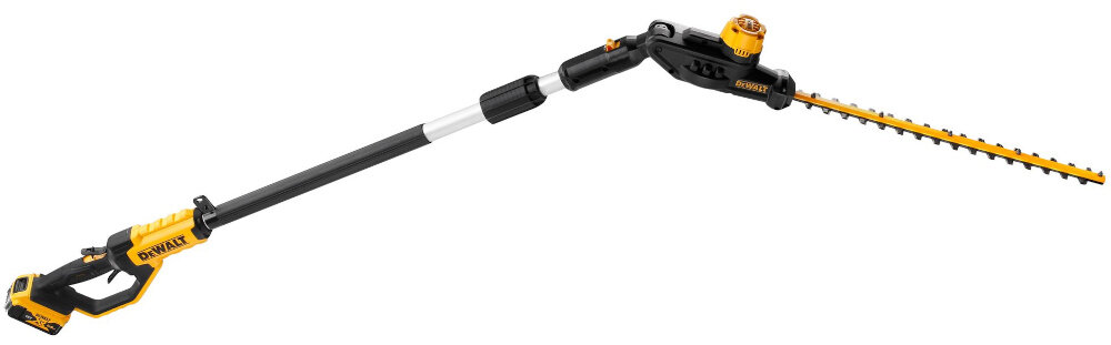 Nożyce do żywopłotu DEWALT DCMPH566P1-QW 550mm 18V akumulatorowe nożyce na białym tle widoczne z boku waga około 3,6 kg łatwe w prowadzeniu ergonomiczny uchwyt z miękką antypoślizgową powłoką pewny chwyt i stabilność narzędzia ułatwia precyzyjne cięcie