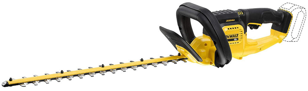 Nożyce do żywopłotu DEWALT DCMHT563N-XJ 18V akumulatorowe nożyce na białym tle widoczne od przodu pod skosem do regularnego przycinania krzewów żywopłotów formowania zielonych ścian w ogrodzie estetyczny wygląd roślin zasilanie akumulatorowe swobodne poruszanie się