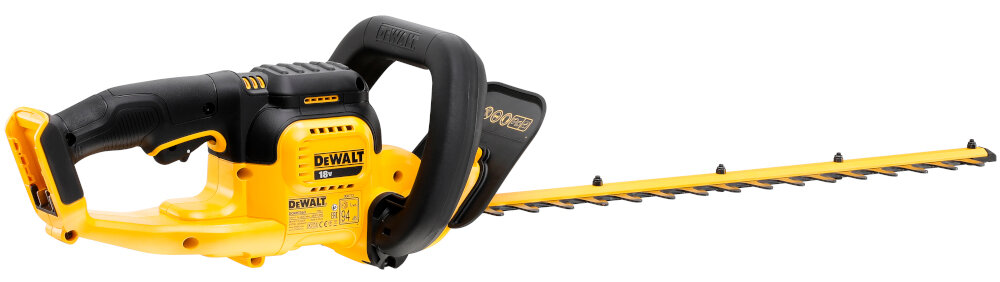 Nożyce do żywopłotu DEWALT DCMHT563N-XJ 18V akumulatorowe nożyce na białym tle widoczne z boku silnik szczotkowy płynna i przewidywalna praca kontrola nad narzędziem precyzyjne prowadzenie cięcia ogranicza szarpanie gałęzi.