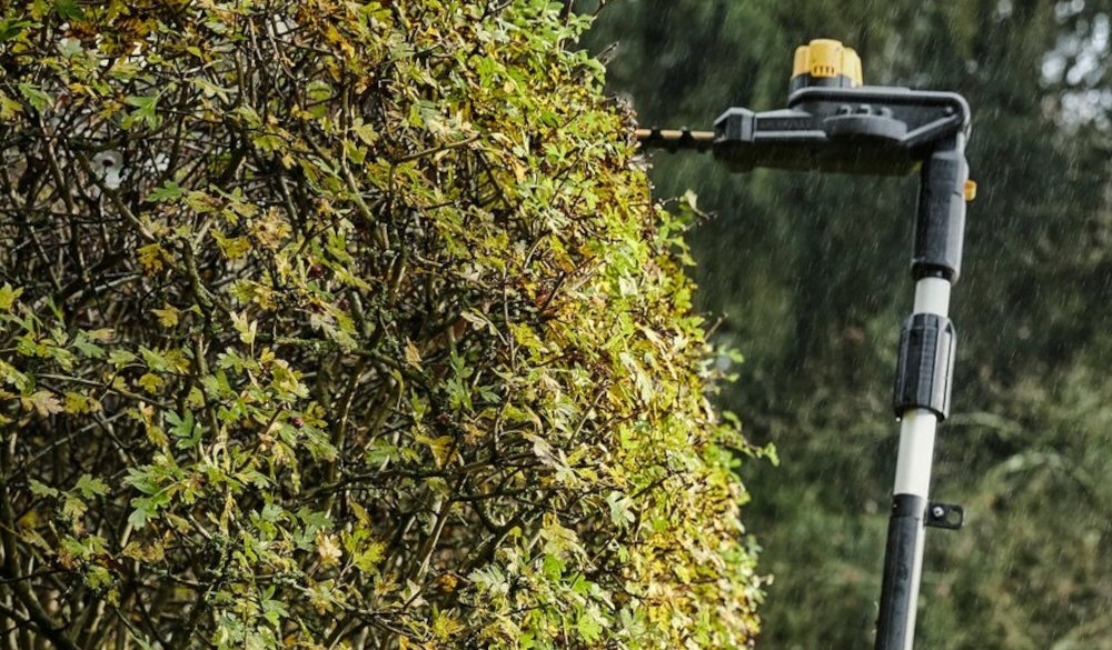 Nożyce do żywopłotu DEWALT DCMPH566N-XJ 550mm 18V akumulatorowe ogród zbliżenie na ostrze ostrze tnie żywopłot prędkość robocza do 2800 ruchów na minutę równy rytm cięcia stałe tempo pracy ułatwia kontrolę narzędzia