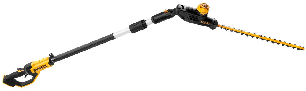 Nożyce do żywopłotu DEWALT DCMPH566N-XJ 550mm 18V akumulatorowe nożyce na białym tle widoczne z boku waga około 3,6 kg łatwe w prowadzeniu ergonomiczny uchwyt z miękką antypoślizgową powłoką pewny chwyt i stabilność narzędzia ułatwia precyzyjne cięcie