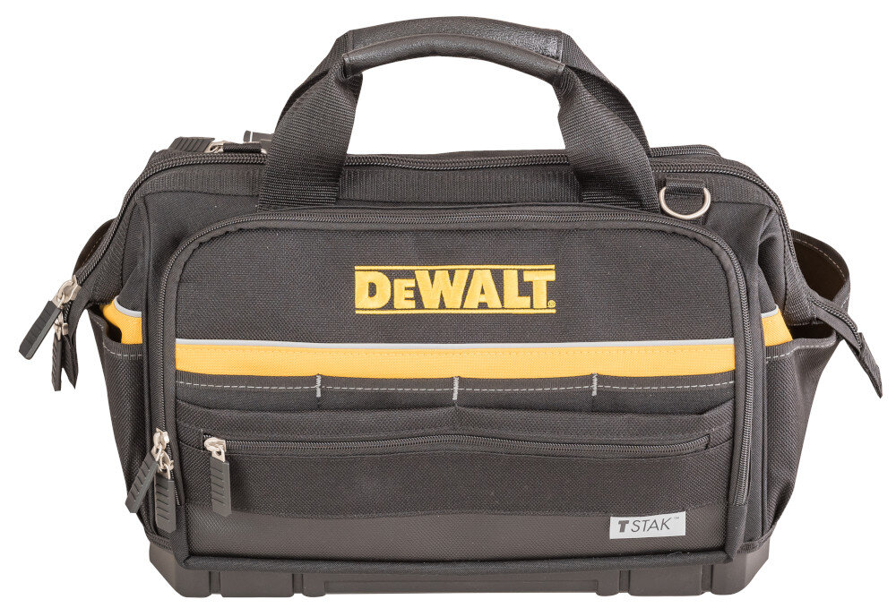 Torba narzędziowa DEWALT DWST82991-1 torba na białym tle widoczna od przodu do przechowywania i przenoszenia nośność do 30 kg mieści elektronarzędzia i drobne elementy do użytku w warsztacie na budowie w domowym garażu