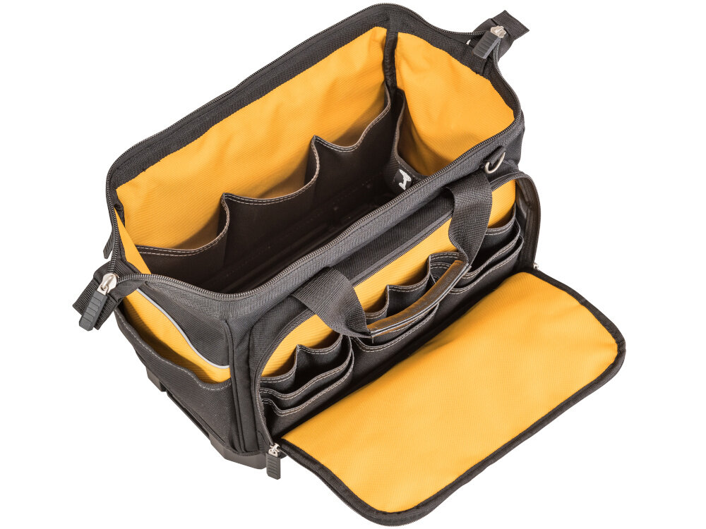 Torba narzędziowa DEWALT DWST82991-1 otwarta torba na białym tle utrzymanie ładu mobilność sprzęt dobrze zorganizowany łatwo dostępny i zabezpieczony przed uszkodzeniami wymiary 30 × 45 × 25 cm mieści się w większości przestrzeni transportowych dużo miejsca na narzędzia