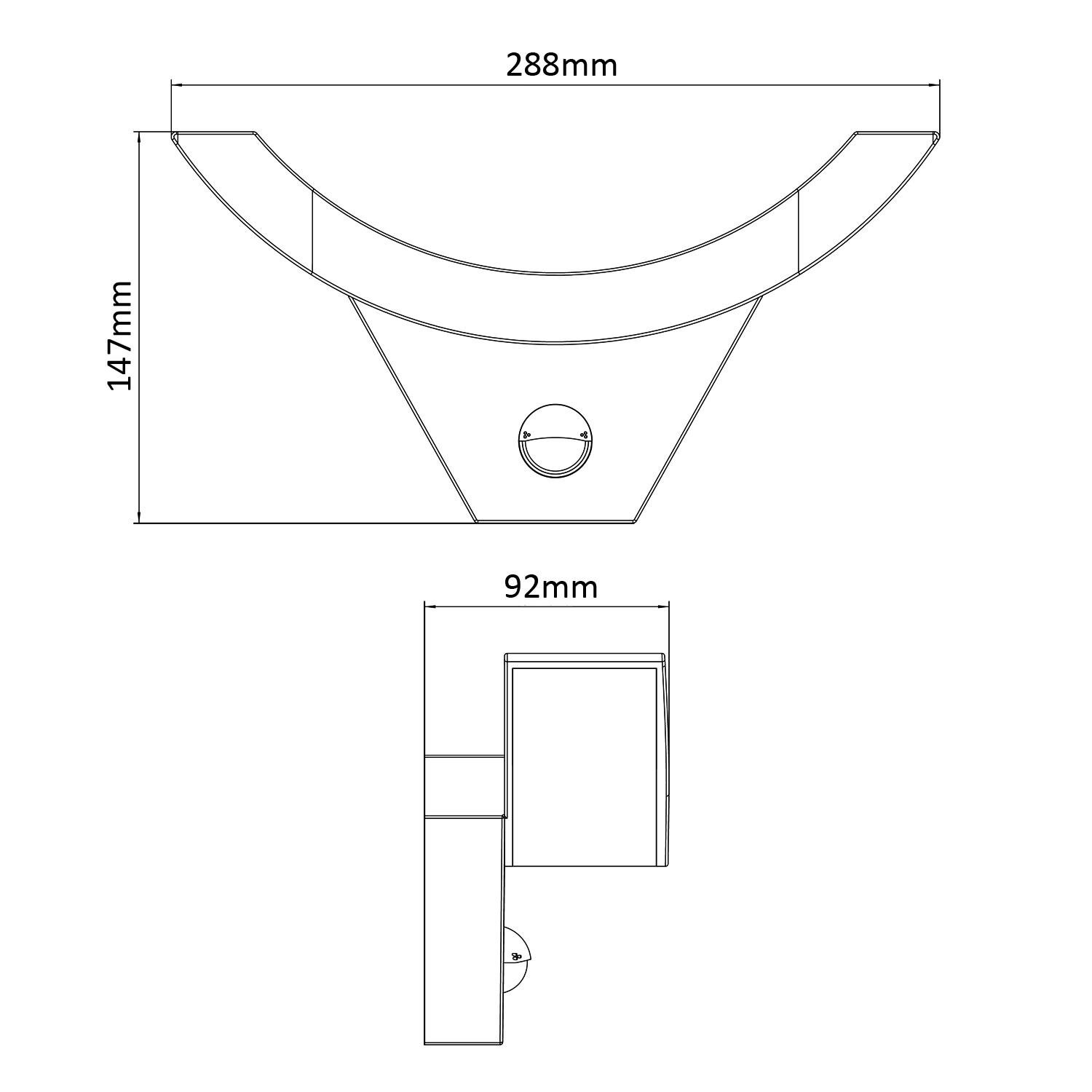 Schemat techniczny lampy LED z wymiarami: szerokość 288mm, wysokość 147mm, głębokość 92mm. Widoczne są linie konstrukcyjne i okrągły element na środku.