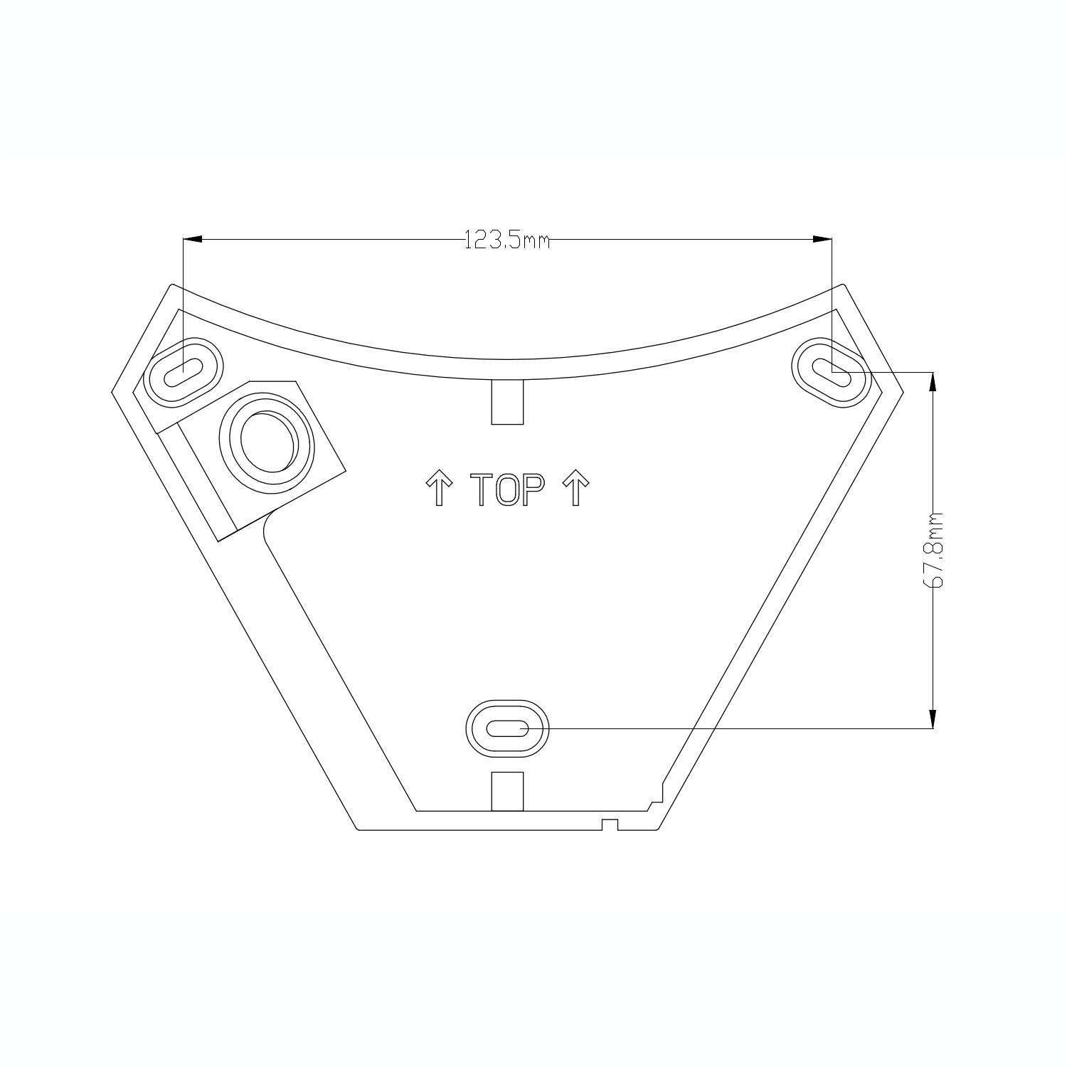Schematyczny rysunek przedstawia trójkątny kształt z wymiarami 123,5 mm i 67,8 mm oraz oznaczeniem \'TOP\'.