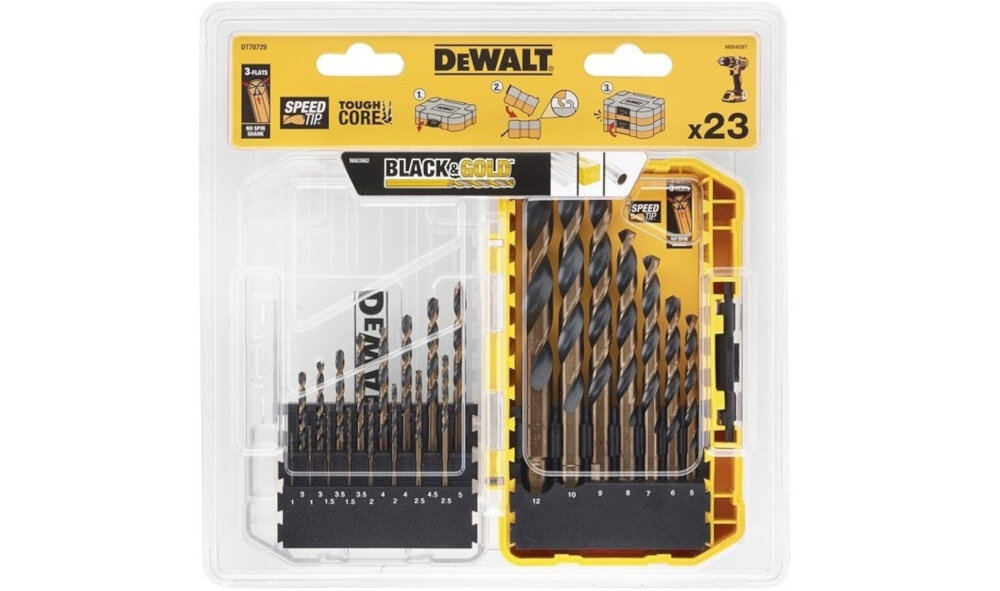 Zestaw wiertel DEWALT DT70729 Wykonane ze stali szybkotnącej HSS ostrzenie koncowki Speed Tip uzytkowanie zestaw