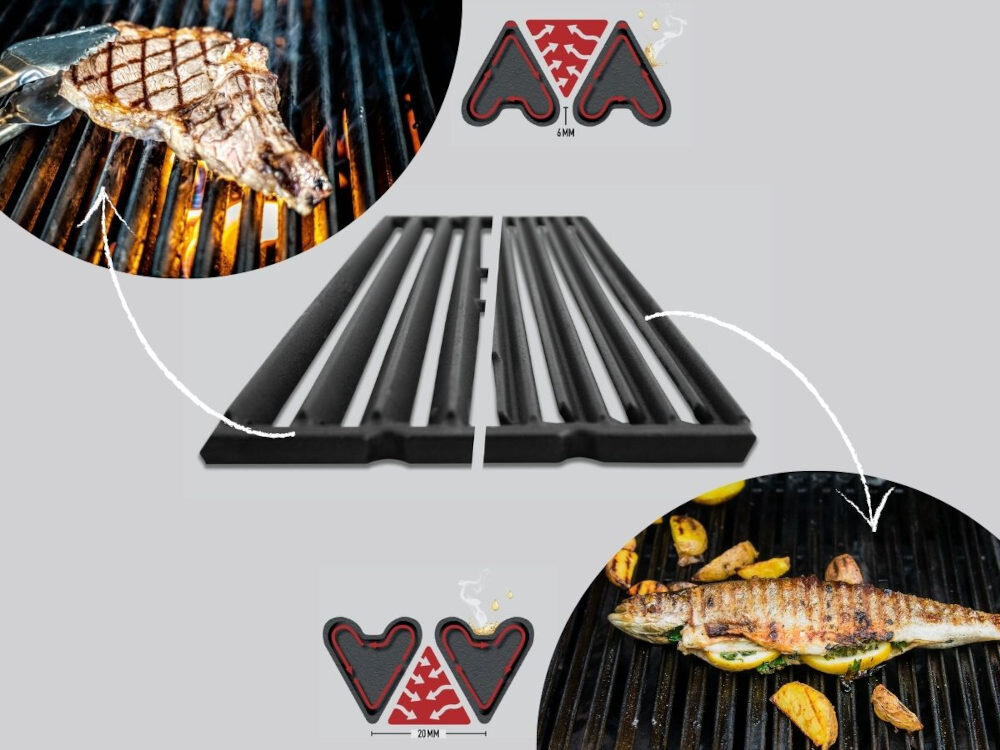 Grill gazowy BROIL KING Royal 320 8.8 kW 55 x 36.5 / 50 x 22.5 cm Głęboki aromat w każdym kęsie dwustronne ruszty żeliwne wymiary wygoda komfort Stożkowa strona soczyste w środku na zewnątrz zyskuje chrupiącą skórkę W rynienkach gromadzą się tłuszcz oraz soki potrawy aromat
