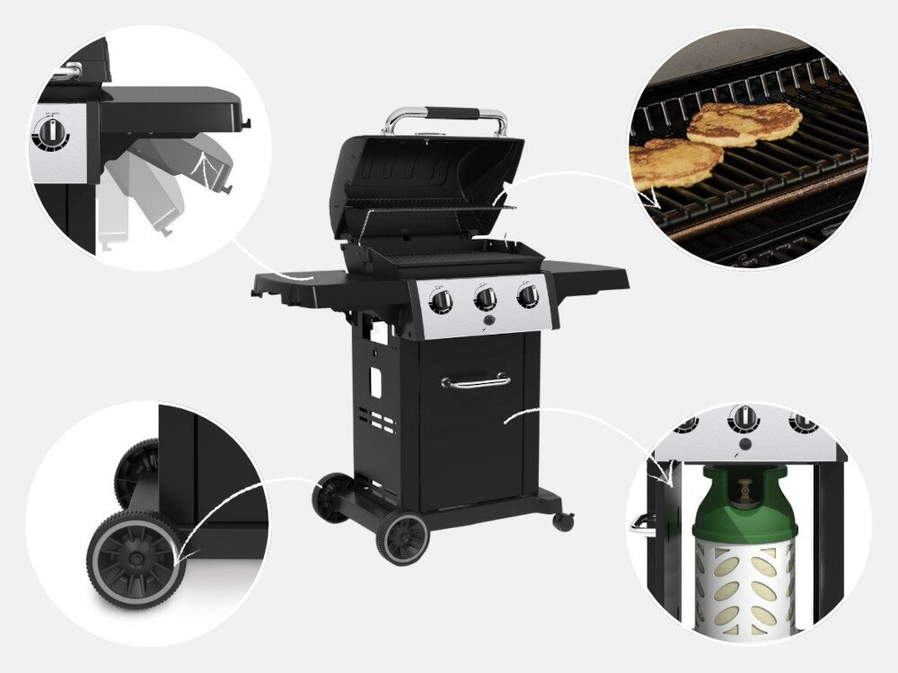 Grill gazowy BROIL KING Royal 320 8.8 kW 55 x 36.5 / 50 x 22.5 cm Wygoda w każdym detalu Składane półki boczne z haczykami na akcesoria szafka z drzwiami bezpieczne przechowywanie 11-kg butli gazowej z kołnierzem lub bez duże koła transportowe rozmiar obrotowe kółka z blokadą ułatwienie manewrwowanie Górna półka