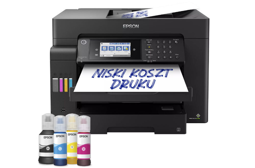 Urządzenie wielofunkcyjne EPSON EcoTank L15150 Druk w kolorze, Automatyczny druk dwustronny, Wi-Fi prezentacja urządzenia od przodu na jasnym tle karta z napisem niski koszt druku przed butelki z atramentem oszczędność kosztów częste drukowanie