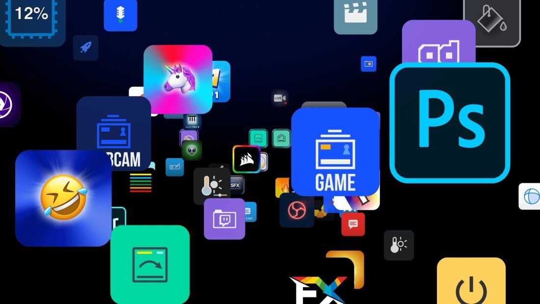 Obraz przedstawia różnorodne ikony aplikacji i programów na ciemnym tle, w tym ikony z napisami \'GAME\', \'WEBCAM\', oraz \'Ps\'. Widoczne są także kolorowe symbole, takie jak jednorożec i emoji z uśmiechem.