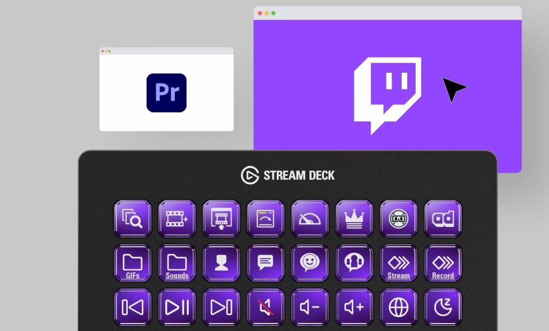 Na obrazie widoczny jest panel z przyciskami oznaczonymi różnymi ikonami i napisami, takimi jak \'Stream\' i \'Record\'. W tle znajdują się dwa okna aplikacji, jedno z logo Twitch, a drugie z ikoną \'Pr\'.