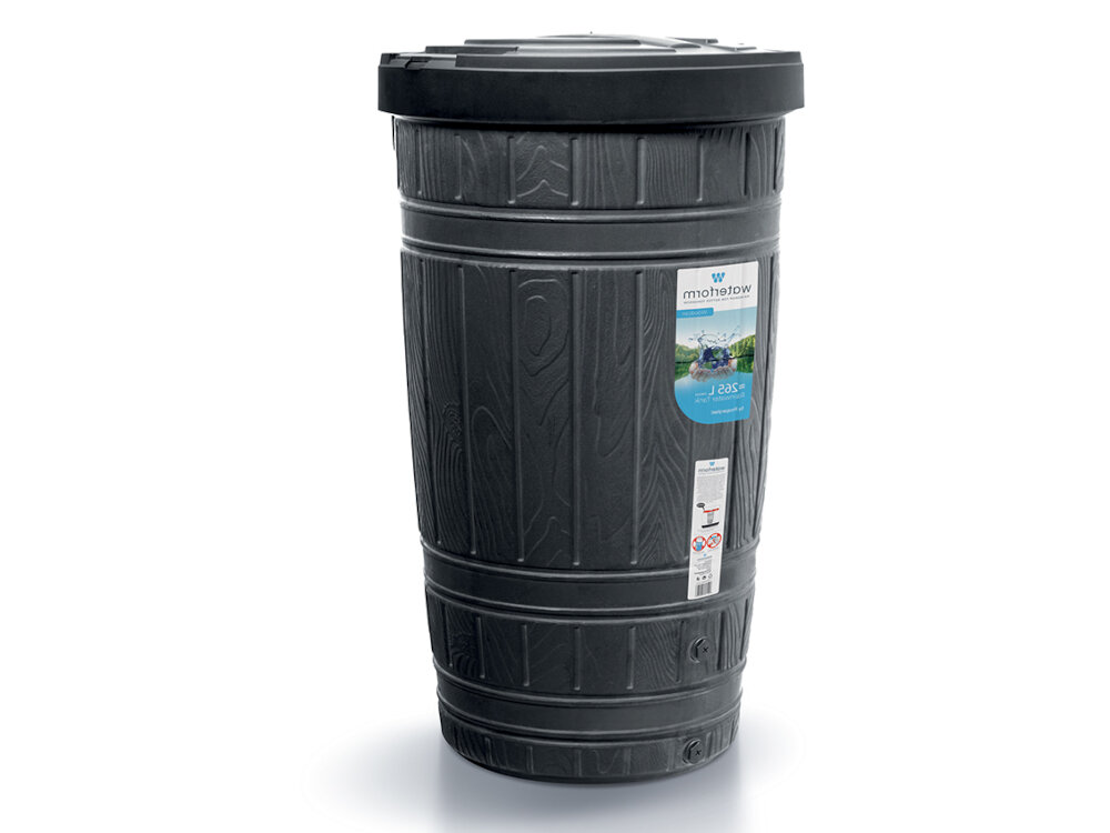 Zbiornik na deszczówkę PROSPERPLAST Woodcan IDWO265-S411 265L Czarny walcowaty ksztalt rozmiary 112,8 cm glebokosci 64,8 cm szerokosc 112,8 cm wysokosc struktura przypominajaca tradycyjne beczki drewniane