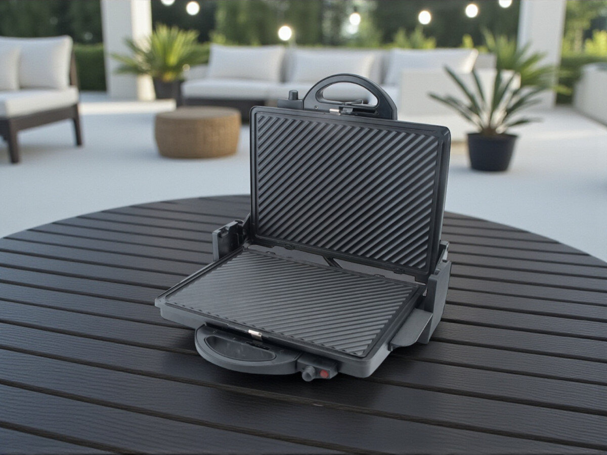 Grill elektryczny MAESTRO MR-717, nieprzywierająca, powierzchnia, czas, rowki, tłuszcz, grill stoi na stole na tarasie, w tle ogród