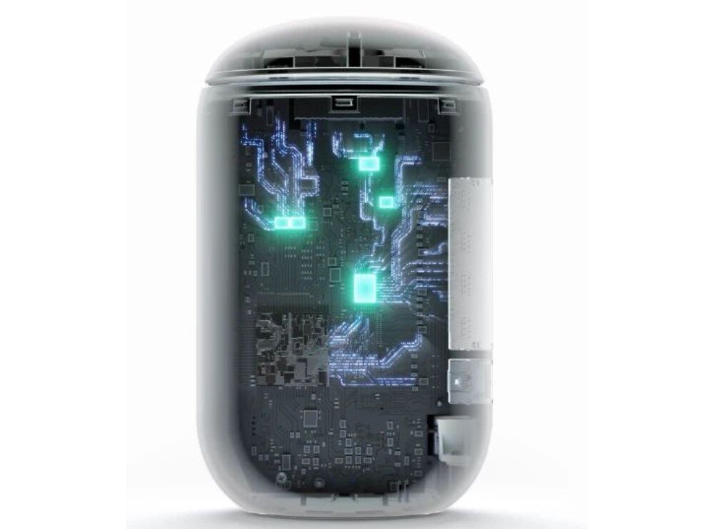 Router UBIQUITI UDM-EU Półprzezroczysta wizualizacja urządzenia ukazująca jego wnętrze z pionowo ułożonymi podzespołami elektronicznymi oraz podświetlonymi na zielono procesorami i ścieżkami