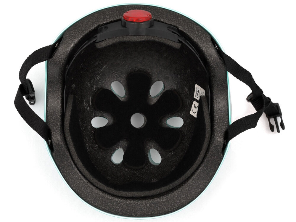 Kask HORNIT Lama Błękitny dla Dzieci (rozmiar S) kask na białym tle widoczny od wewnątrz wyściółka z odpinanych gąbeczek możliwość ich prania miękki materiał chroni skórę głowy przed otarciami stabilne ułożenie kasku