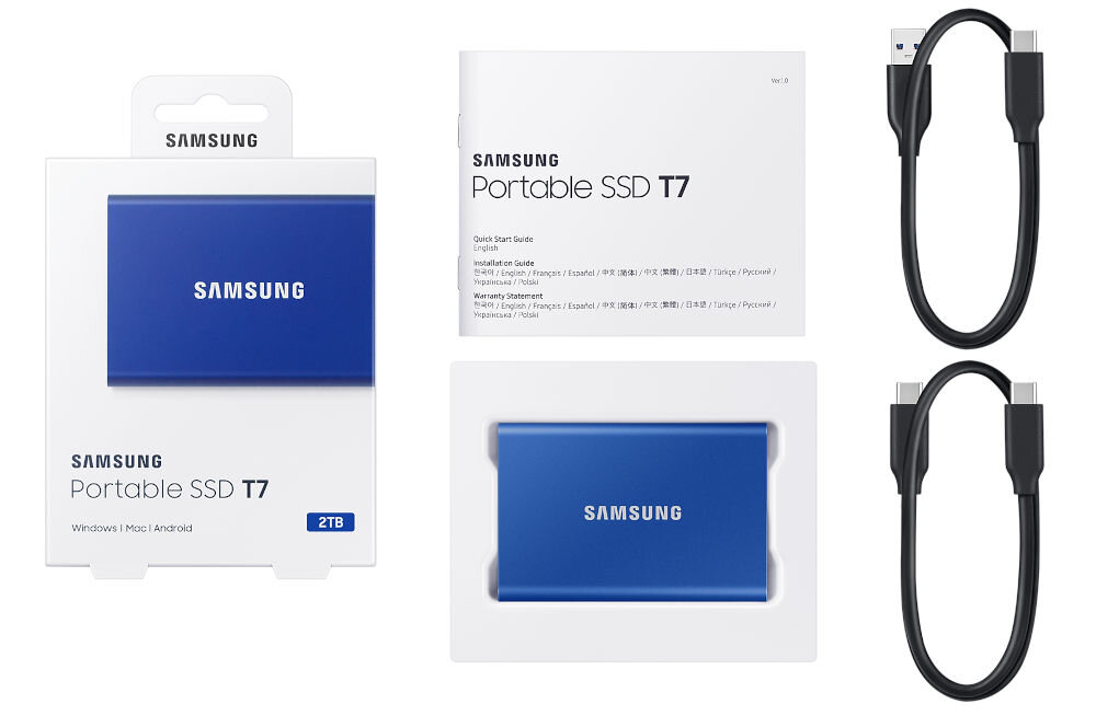 Dysk SAMSUNG Portable T7 2TB USB 3.2 Gen. 2 SSD Niebieski elementy zestaw
