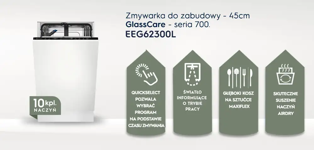 Obraz przedstawia zmywarkę do zabudowy o szerokości 45 cm z serii GlassCare 700, model EEG62300L. Widoczne są ikony z opisami funkcji: QuickSelect, światło informujące o trybie pracy, głęboki kosz na sztućce MaxiFlex oraz skuteczne suszenie naczyń AirDry.