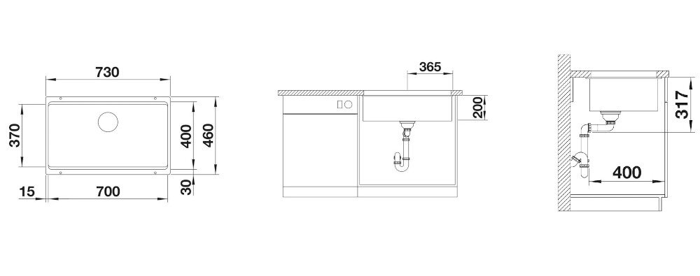 ZLEWOZMYWAK BLANCO ETAGON 700-U 525171 wymiary Głębokość szerokość komora szerokość podbudowy Odpływ zawór