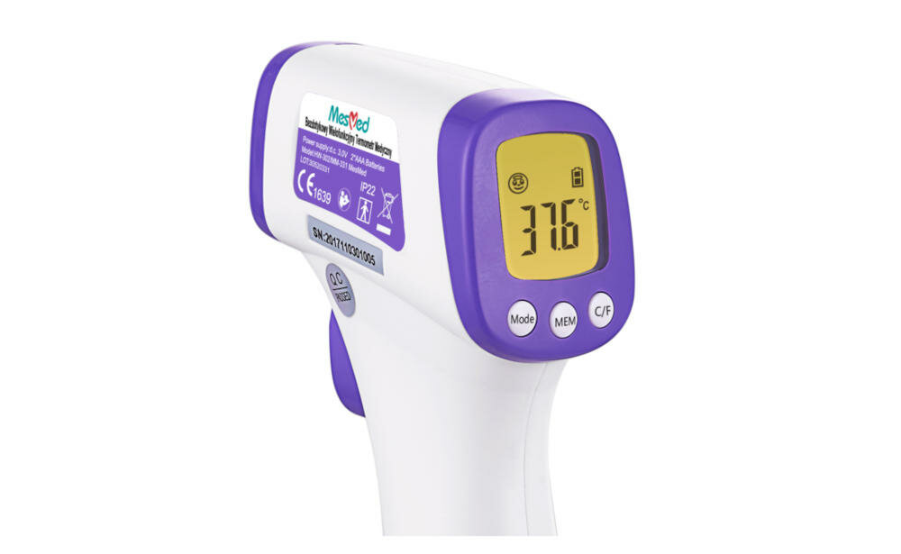 MESMED-MM-331 termometr wielofunkcyjny lekarski bezdotykowe mierzenie temperatury higiena bezinwazcyjny pomiar ciało powierzchnia płyny wyświetlacz zielony pomarańczowy czerwiny pomiary pamięć oszczędzanie energii