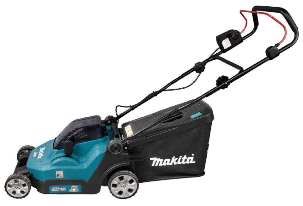 Kosiarka akumulatorowa MAKITA DLM382Z kosiarka na białym tle widoczna z boku platforma bateryjna MAKITA LXT 18 V silnik bezszczotkowy wysoka wydajność pracy prędkość obrotowa do 700 obr./min do trawników o powierzchni do 560 m²