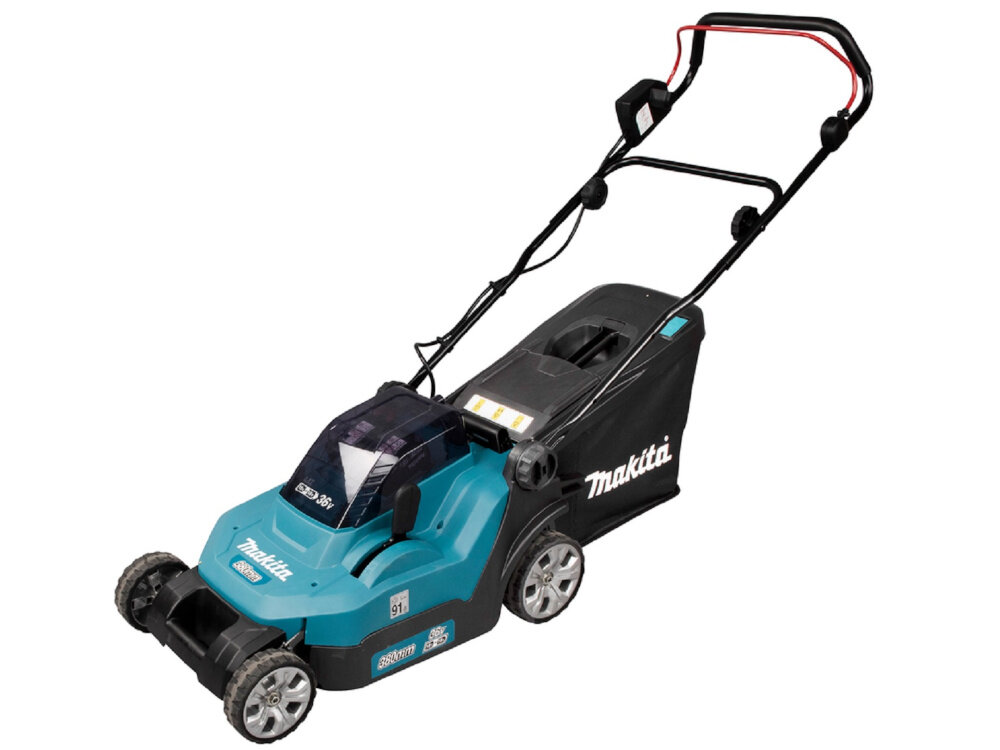Kosiarka akumulatorowa MAKITA DLM382Z kosiarka na białym tle widoczna od przodu pod skosem obwód ochronny akumulatora chroni ogniwa przed przeciążeniem nadmiernym rozładowaniem przegrzaniem pełna żywotność stabilna wydajność bezpieczeństwo