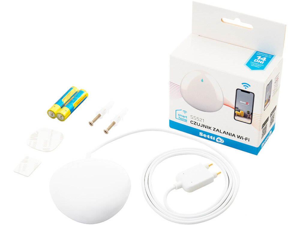 CZUJNIK ZALANIA WIFI SETTI+ SS521 SMART smart home zawartosc opakowania