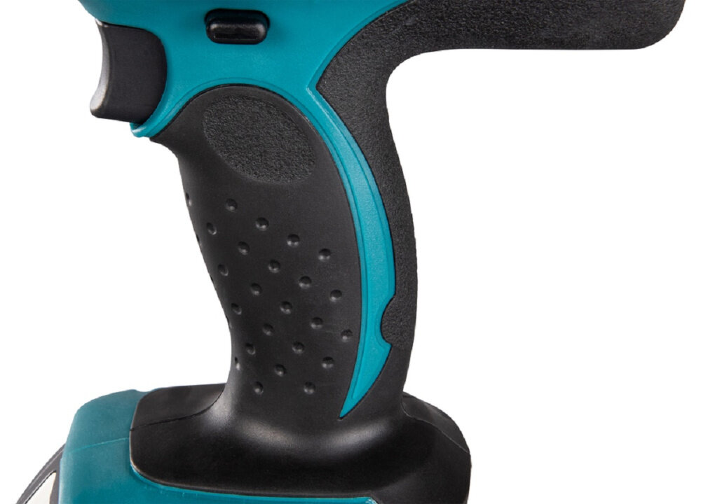 Wiertarko-wkrętarka MAKITA DDF453RFE zblizenie na uchwyt ergonomiczna rekojesc antyposlizgowe tworzywo komfortowy uchwyt lekka konstrukcja 1,2 kg