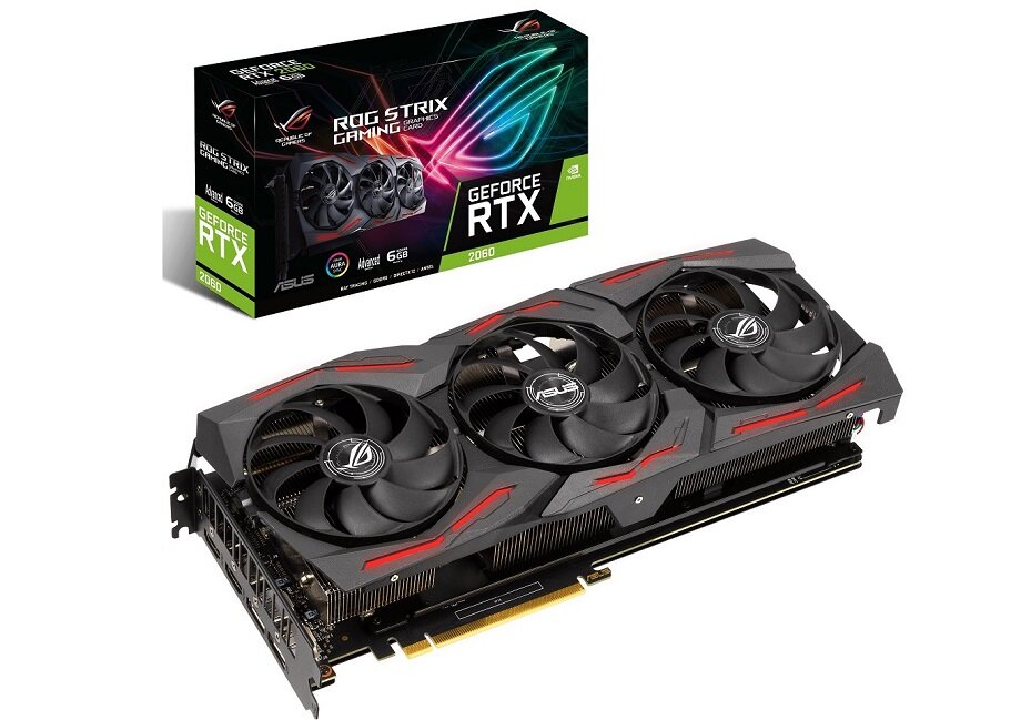 Karta graficzna ASUS Rog Strix GeForce RTX 2060 Evo Advanced 6GB - wygląd ogólny opakowanie 6GB pamięci podręcznej wydajny układ chłodzenia technologia RTX