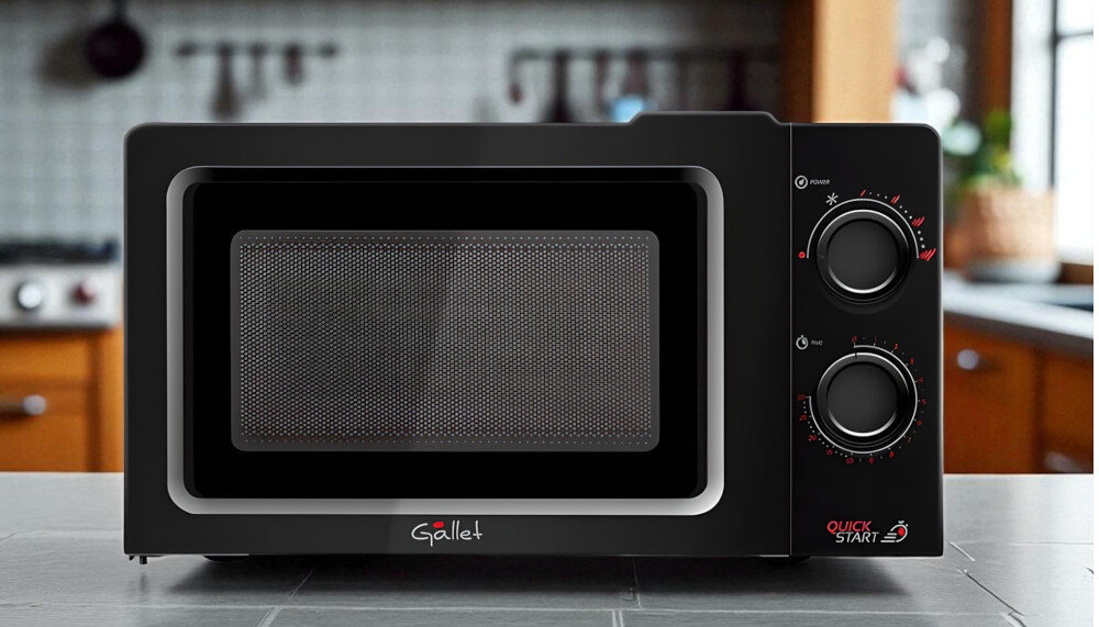 KUCHENKA MIKROFALOWA GALLET FMOM205B lifestyle kuchnia w tle front panel sterowania czarne wykończenie