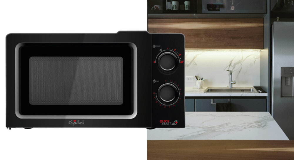 KUCHENKA MIKROFALOWA GALLET FMOM205B front pokrętło panel sterowania kuchnia w tle kolor czarny pojemność 20 litrów Elegancja funkcjonalność 