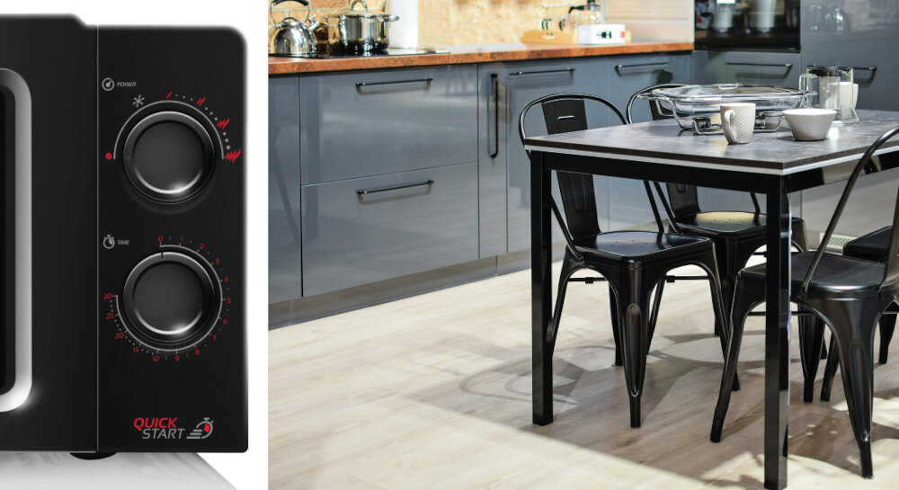 KUCHENKA MIKROFALOWA GALLET FMOM205B panel sterowania Pokrętła kuchnia w tle Proste i intuicyjne sterowanie mechaniczne Pokrętła 6 poziomów mocy timer czas regulacja