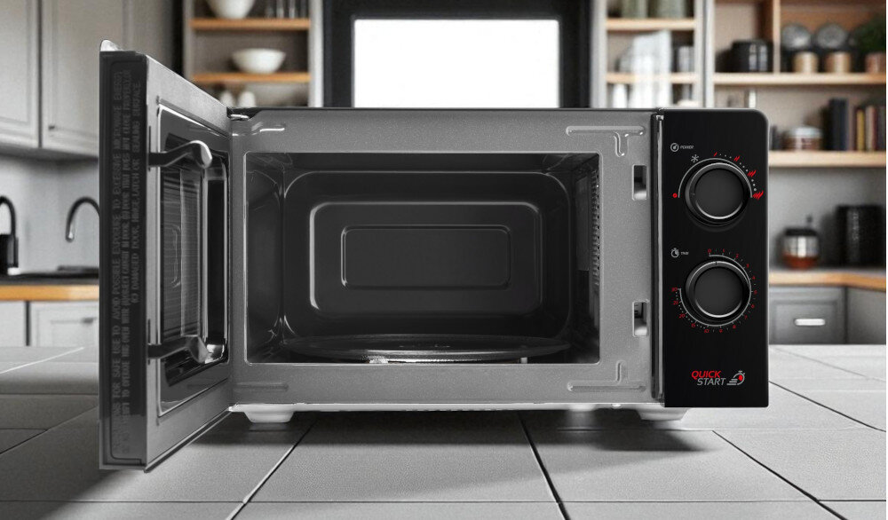 KUCHENKA MIKROFALOWA GALLET FMOM205B front wnętrze środek otwarty talerz Efektywność działania rozmrażanie podgrzewanie gotowanie szklany talerz obrotowy moc 700 W Wbudowane oświetlenie