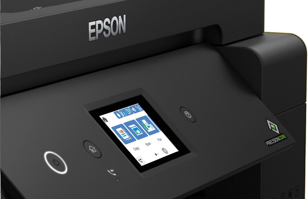 Urządzenie wielofunkcyjne EPSON EcoTank L14150 zbliżenie na panel sterowania z wyświetlaczem i przyciskami skanowanie funkcje automatyczny podajnik ADF