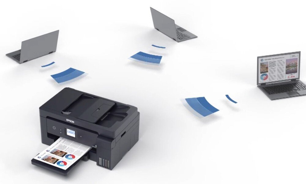 Urządzenie wielofunkcyjne EPSON EcoTank L14150 urządzenie stojące pod kątem na białym tle z trzema laptopami wokół i falami oznaczającymi łącznośc Wi-Fi podłączenie do sieci