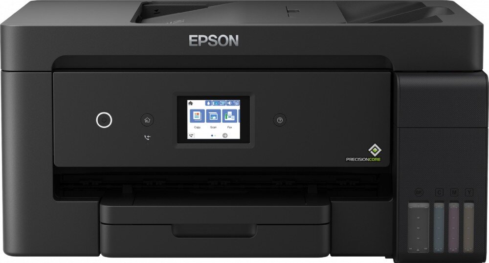 Urządzenie wielofunkcyjne EPSON EcoTank L14150 urządzenie stojące przodem na białym tle formaty taca odbiorcza podajnik