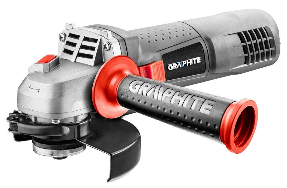 Szlifierka kątowa GRAPHITE 59G175 wysokiej klasy do cięcia szlifowania polerowania materiałów o zróżnicowanej strukturze i twardości ergonomiczny kształt doskonałe wyważenie otwory wentylacyjne zabezpieczają przed przegrzaniem silnik budowa przekładni ze stopu aluminium odprowadza ciepło wzmacnia konstrukcję