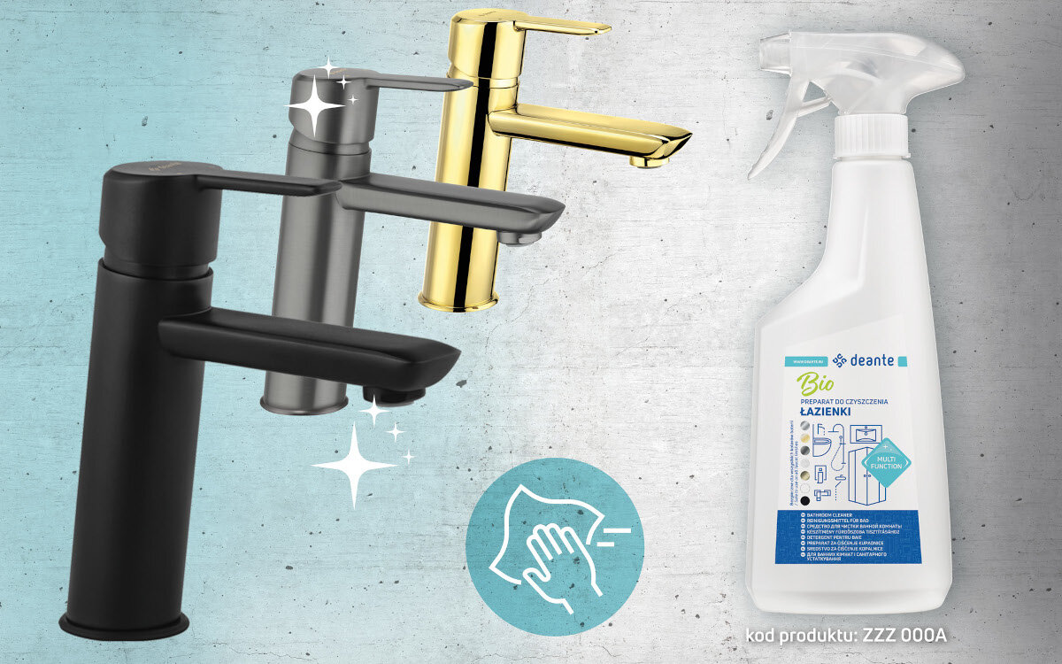 BATERIA KUCHENNA DEANTE Neo Vero BOW 060M Zdjęcie przedstawia trzy baterie w różnych kolorach — czarnym, grafitowym i złotym — pokazane na tle strukturalnej powierzchni obok butelki środka czyszczącego. Na dole widnieje ikona symbolizująca łatwe czyszczenie i utrzymanie połysku armatury Preparat do czyszczenia