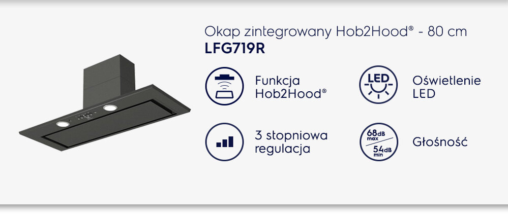 Grafika przedstawia okap zintegrowany Hob2Hood o szerokości 80 cm, model LFG719R. Widoczne są ikony i teksty: Funkcja Hob2Hood, Oświetlenie LED, 3 stopniowa regulacja, Głośność 68dB max, 54dB min.