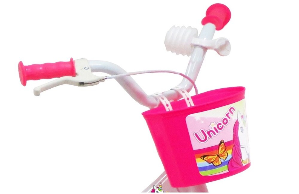 Rower dziecięcy DISNEY Unicorn 12 cali dla dziewczynki chwyty kierownicy dobrze wyprofilowane lepsza kontrola nad rowerkiem dzwonek przedni koszyk