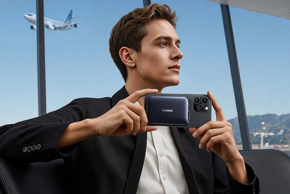 Powerbank BASEUS PicoGo AM61 QI2.2 10000 mAh 45W Czarny Mężczyzna w marynarce siedzi w poczekalni na lotnisku i trzyma smartfon z powerbankiem Baseus w ręku, gotowy do zrobienia zdjęcia. Jego twarz jest zamazana. W tle widać lecący samolot oraz duże okno z widokiem na pas startowy.

